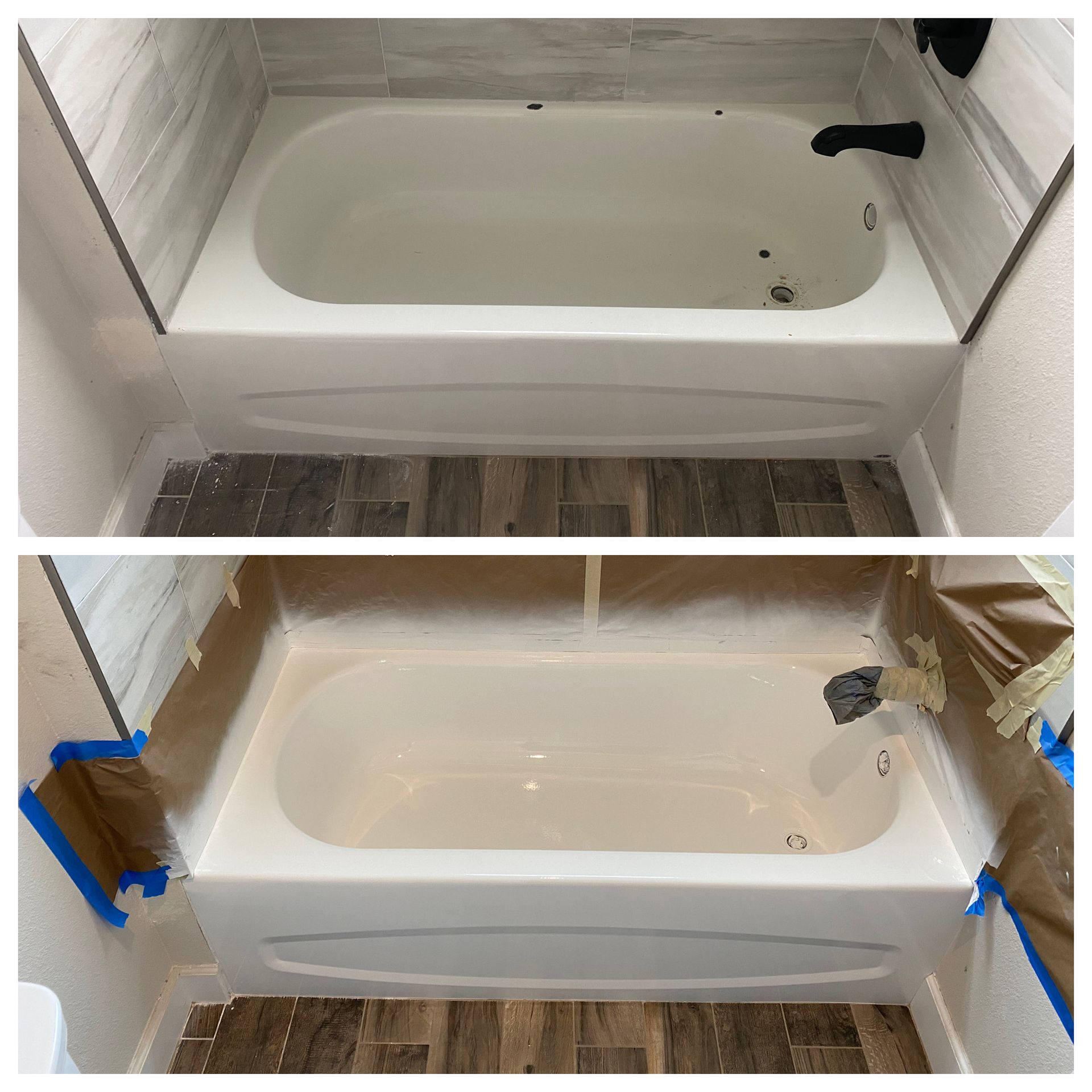 Before-and-after view of a bathtub being refinished, with masking tape and plastic covering the surrounding area.