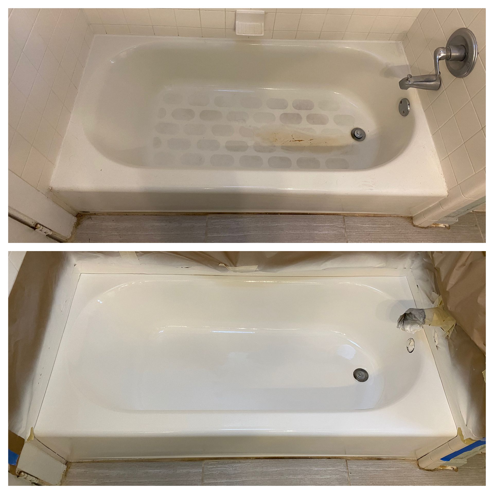 Before-and-after view of a bathtub: stained tub top, cleaned white tub bottom.