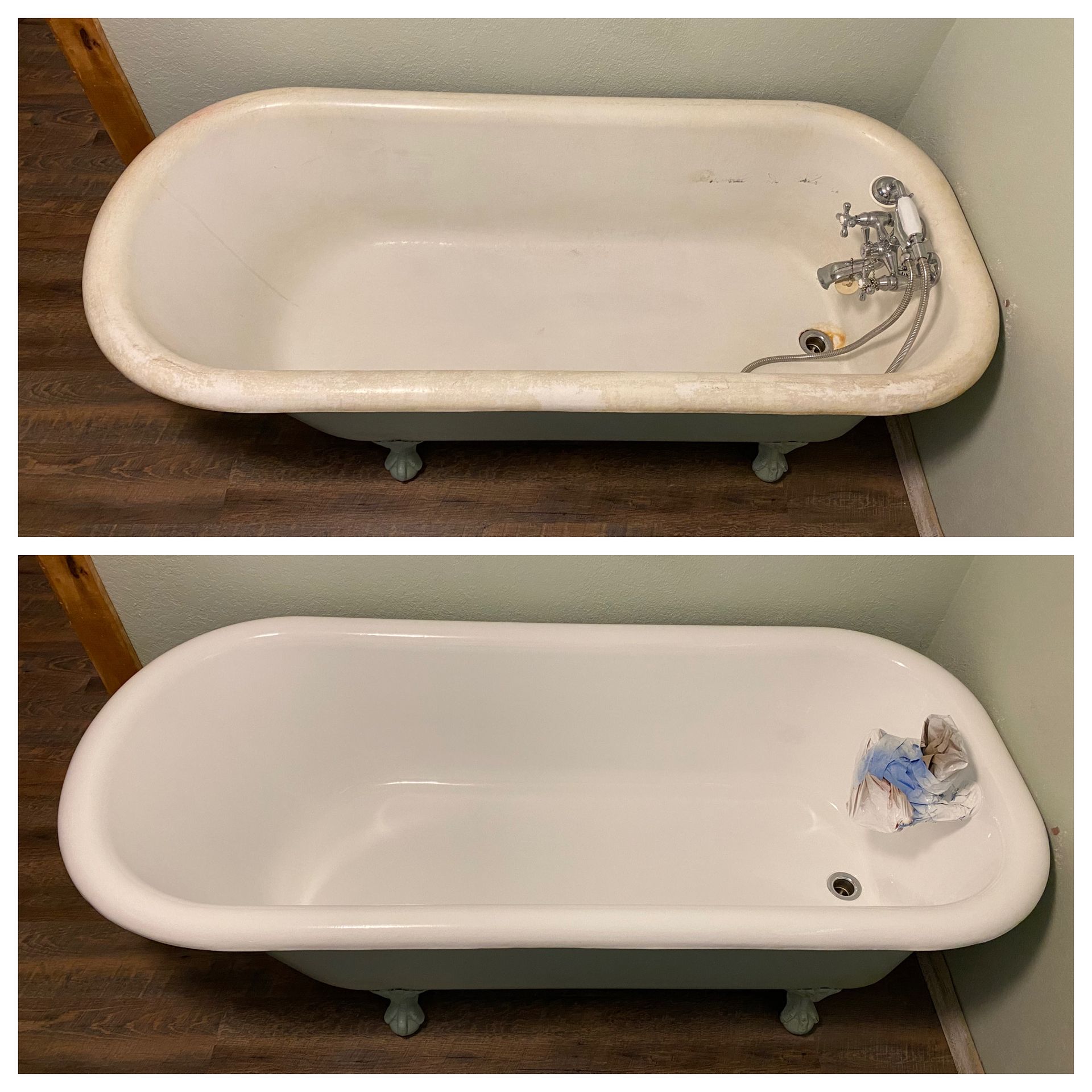 Before-and-after photo of a white clawfoot bathtub being cleaned, with grime removed from the right side.