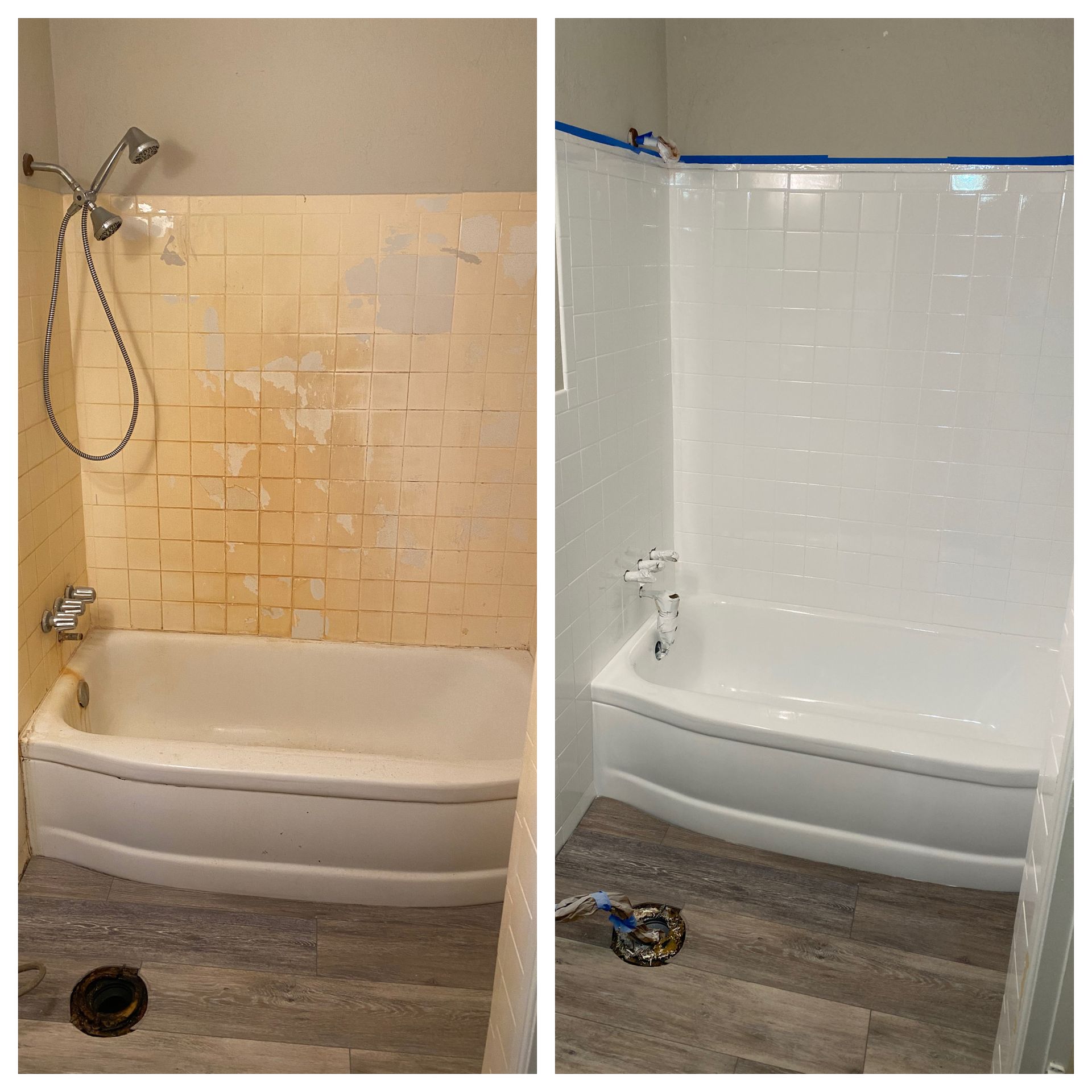 Before-and-after of a bathtub shower wall: stained beige tiles cleaned to bright white tiles.