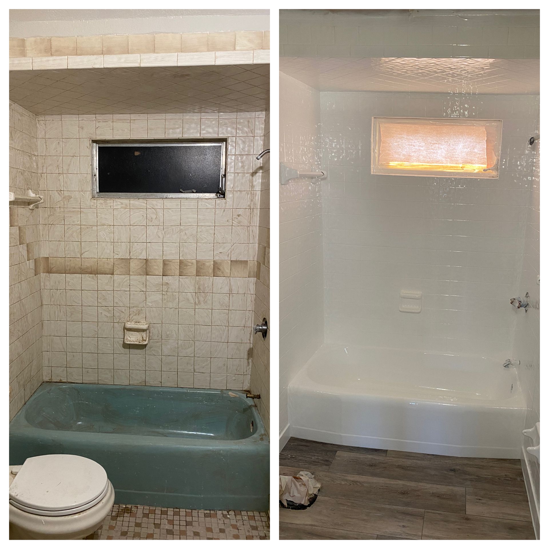 Before-and-after view of a bathroom tub and shower remodel, with tiled tub area replaced by a white shower.