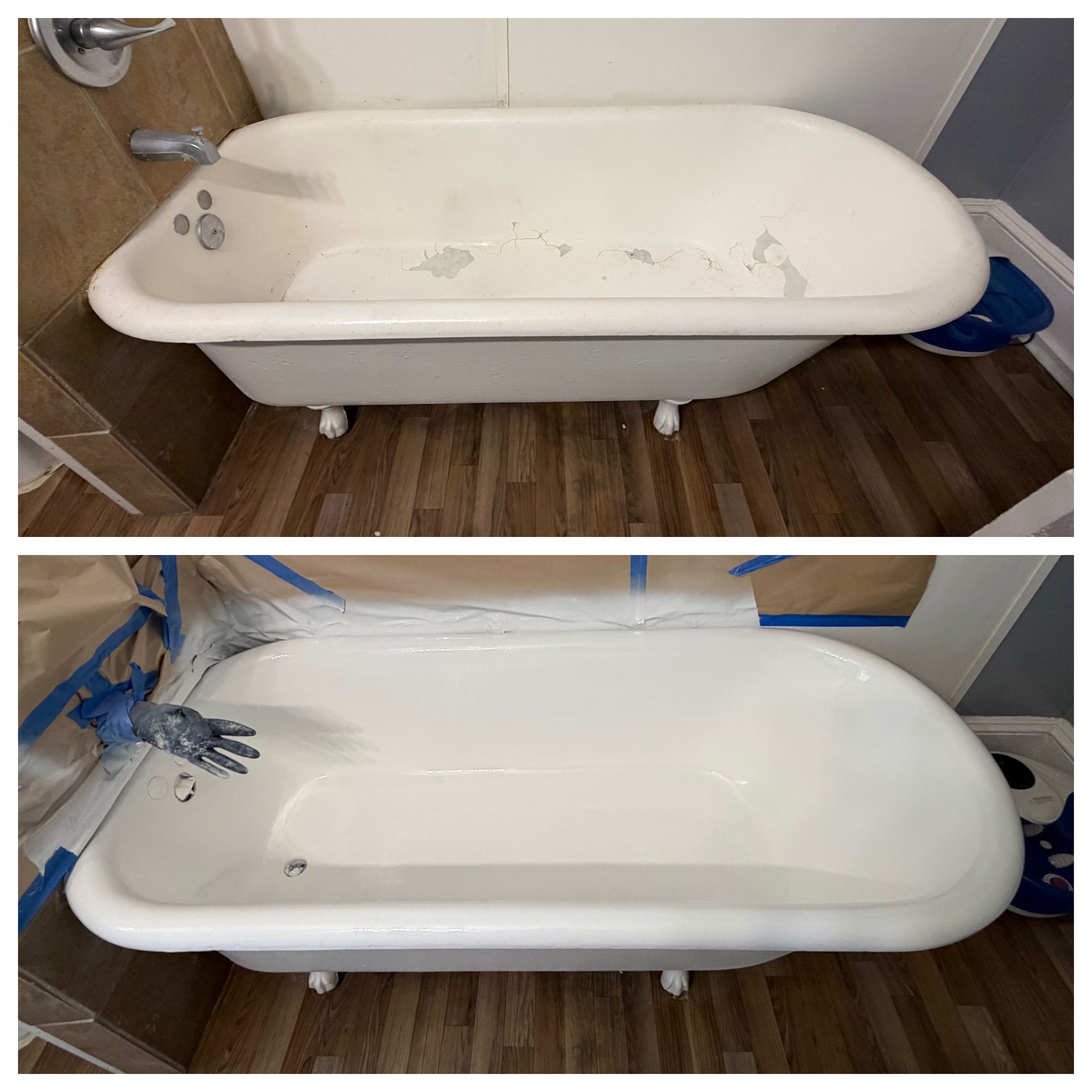 Before-and-after view of a white clawfoot bathtub being cleaned and repainted, with masking tape in the background