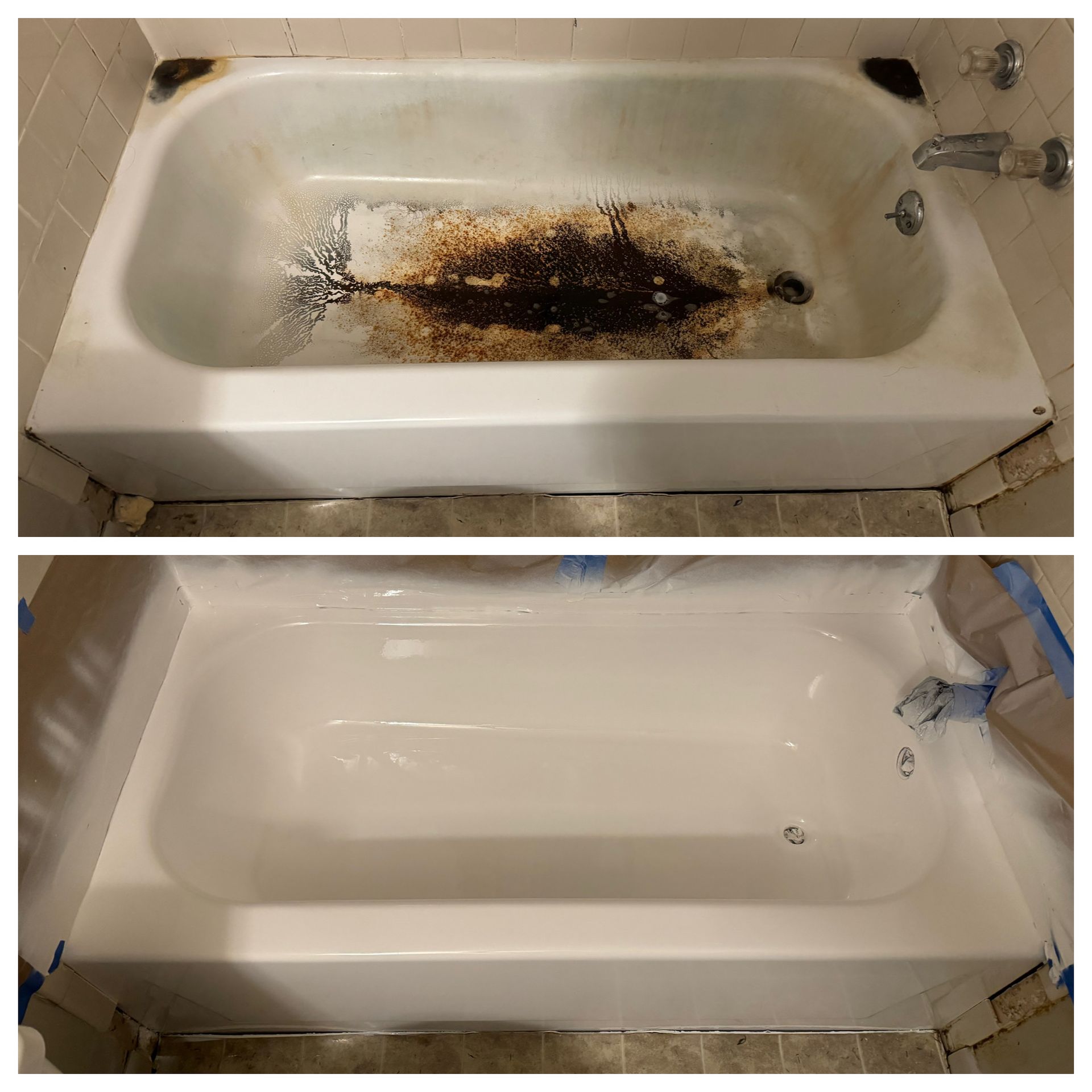 Top: burnt bathtub stain; bottom: same tub cleaned, showing before-and-after contrast.