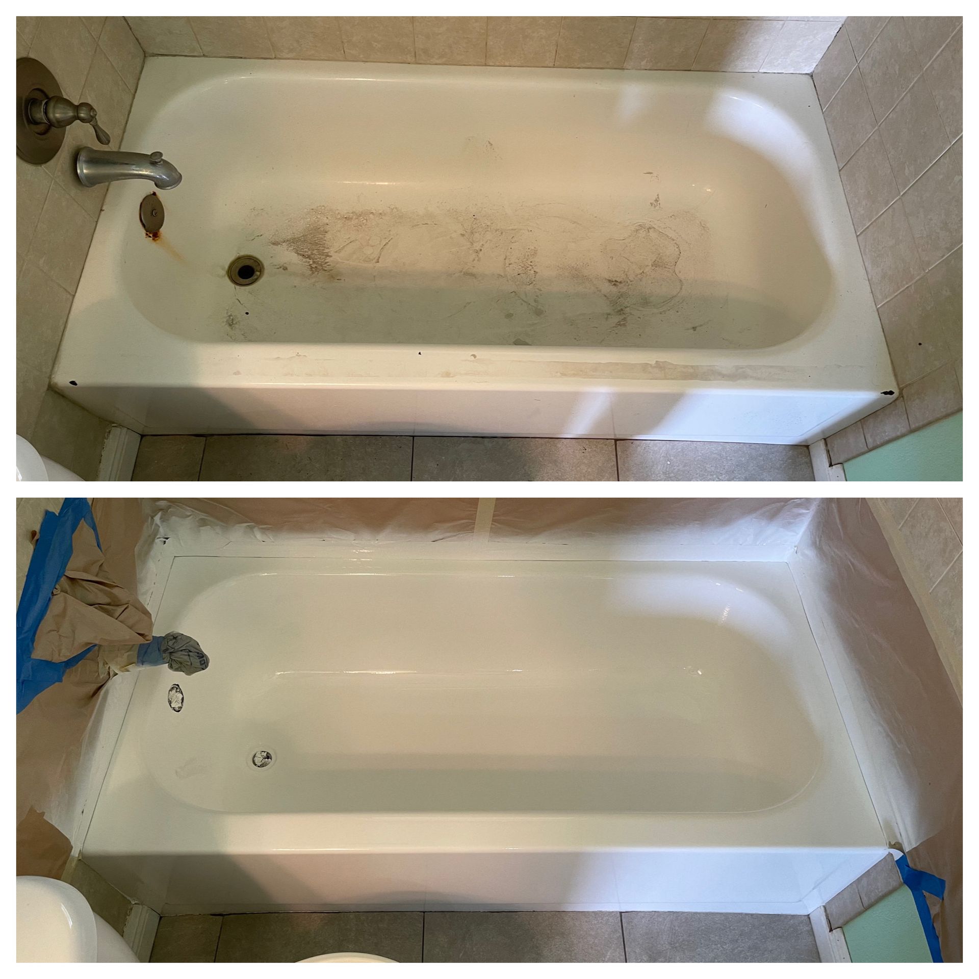 Before-and-after photos of a dirty bathtub cleaned with blue painter’s tape around the edges.