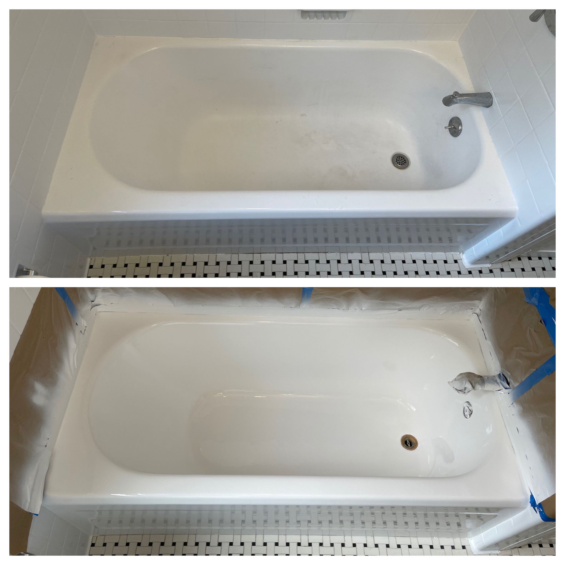 Bathtub before and after painting, showing a white tub and wall repairs in a bathroom