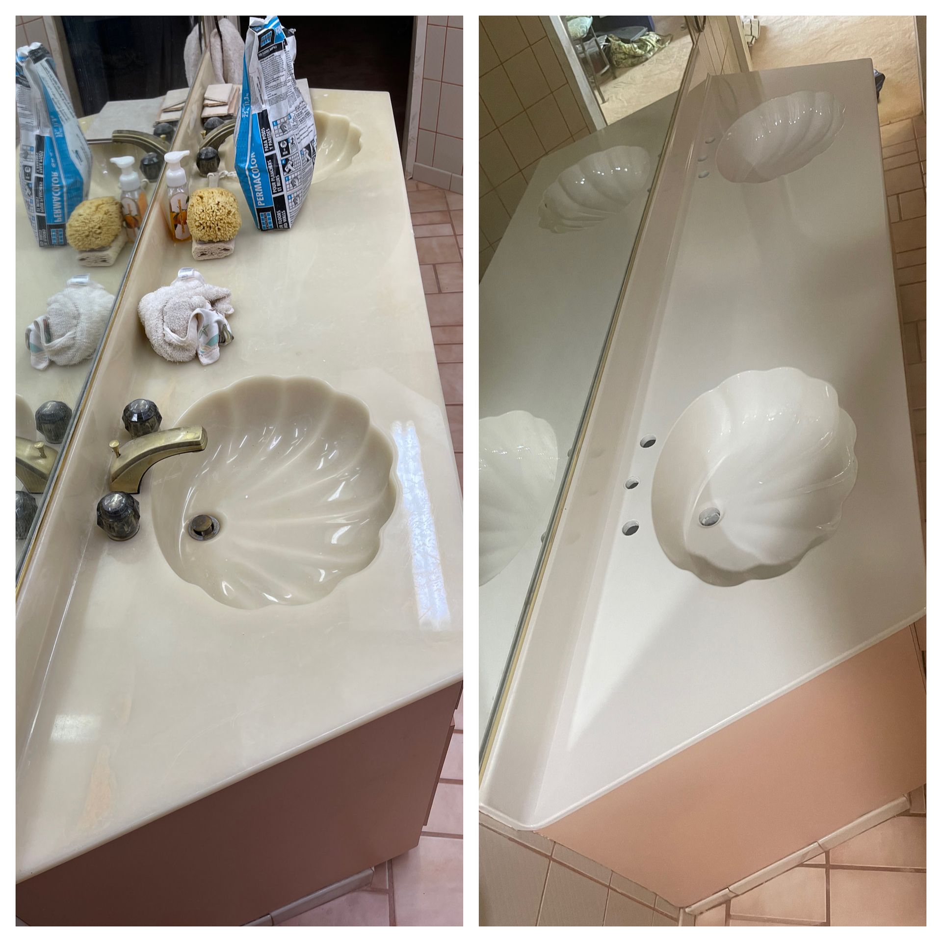 White vanity countertop with integrated shell sink, faucet, and soap dispensers, shown before and after cleaning