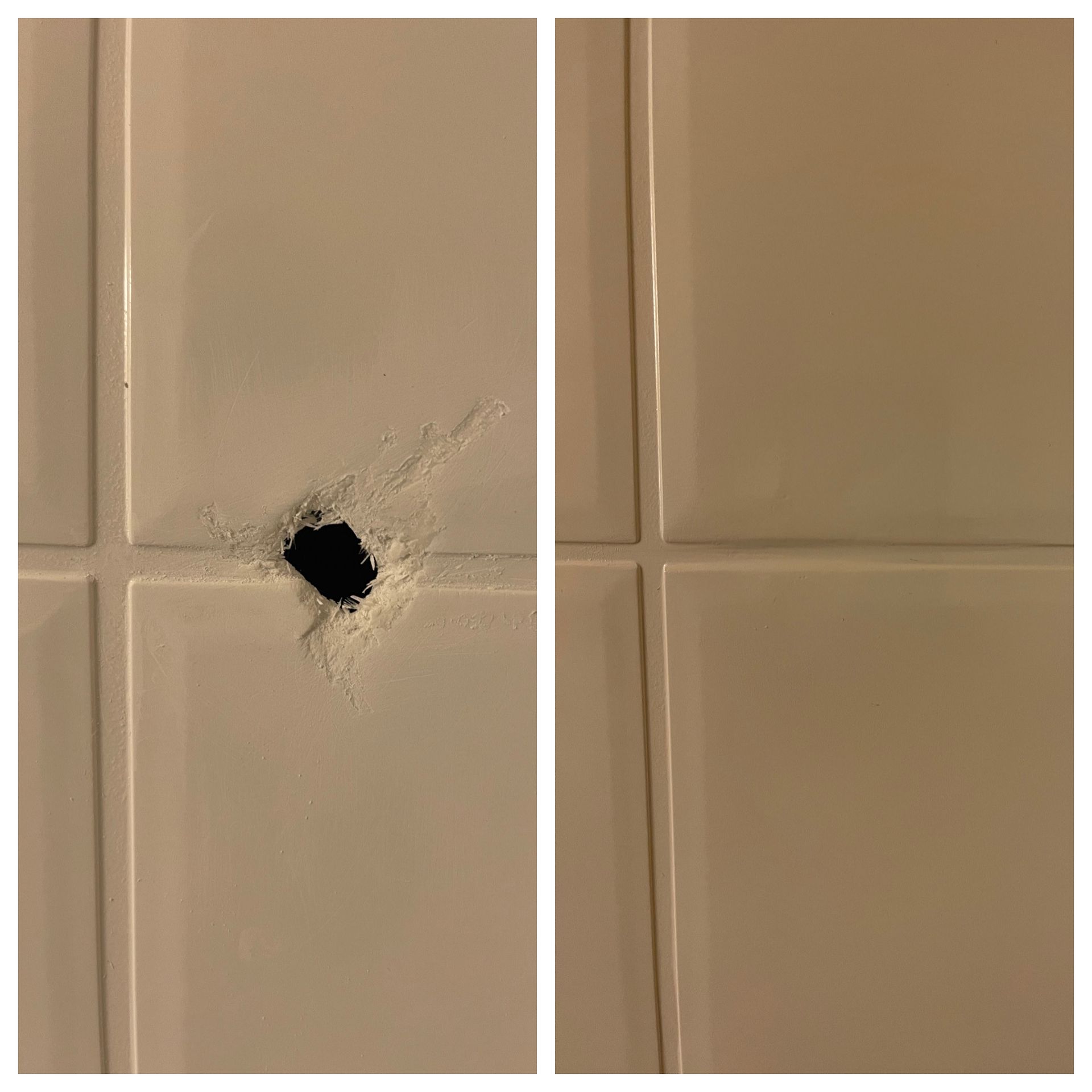 Before-and-after view of a small hole in a beige tiled wall, repaired on the right side.