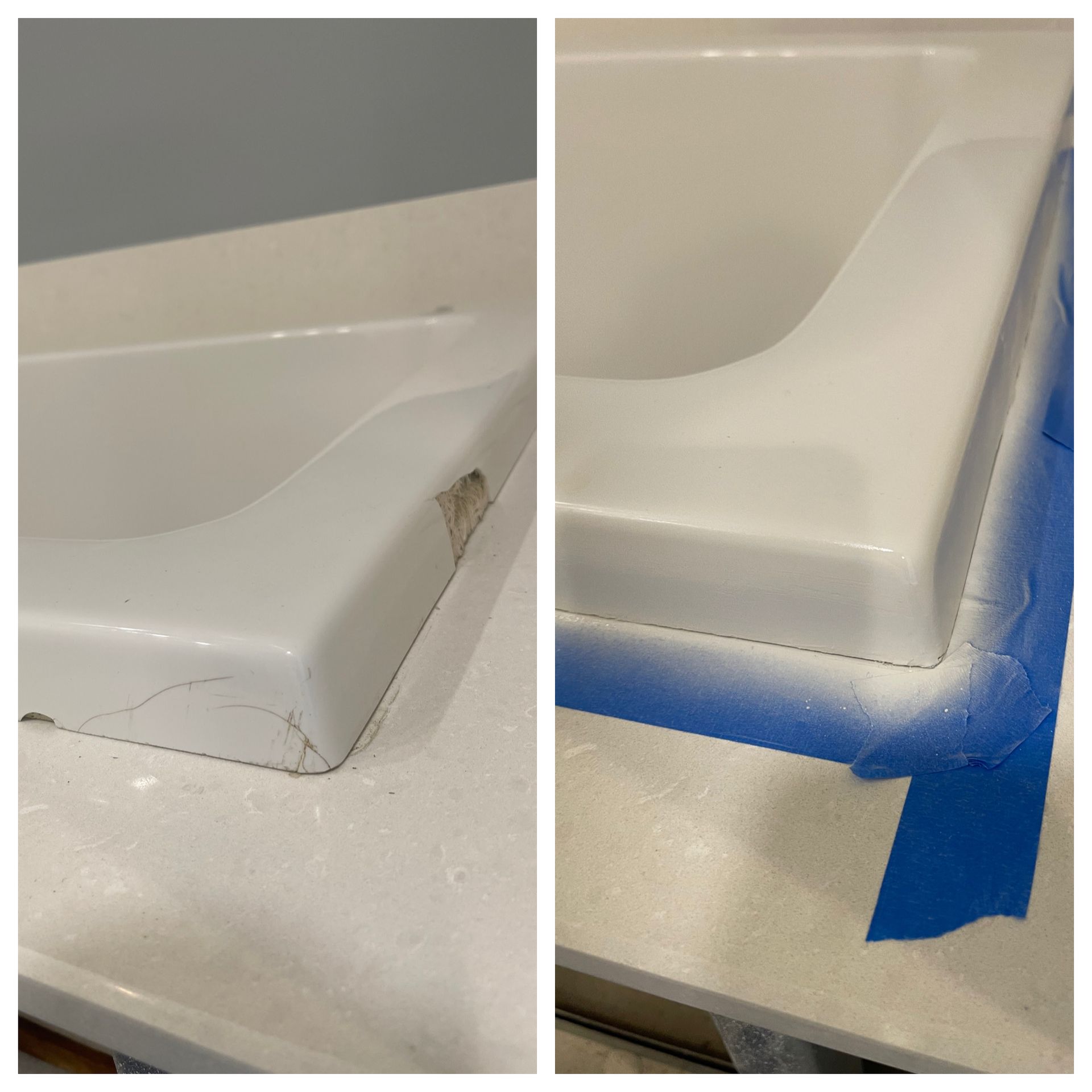 White sink or tub corner with visible cracks and taped-off repair area on the edge