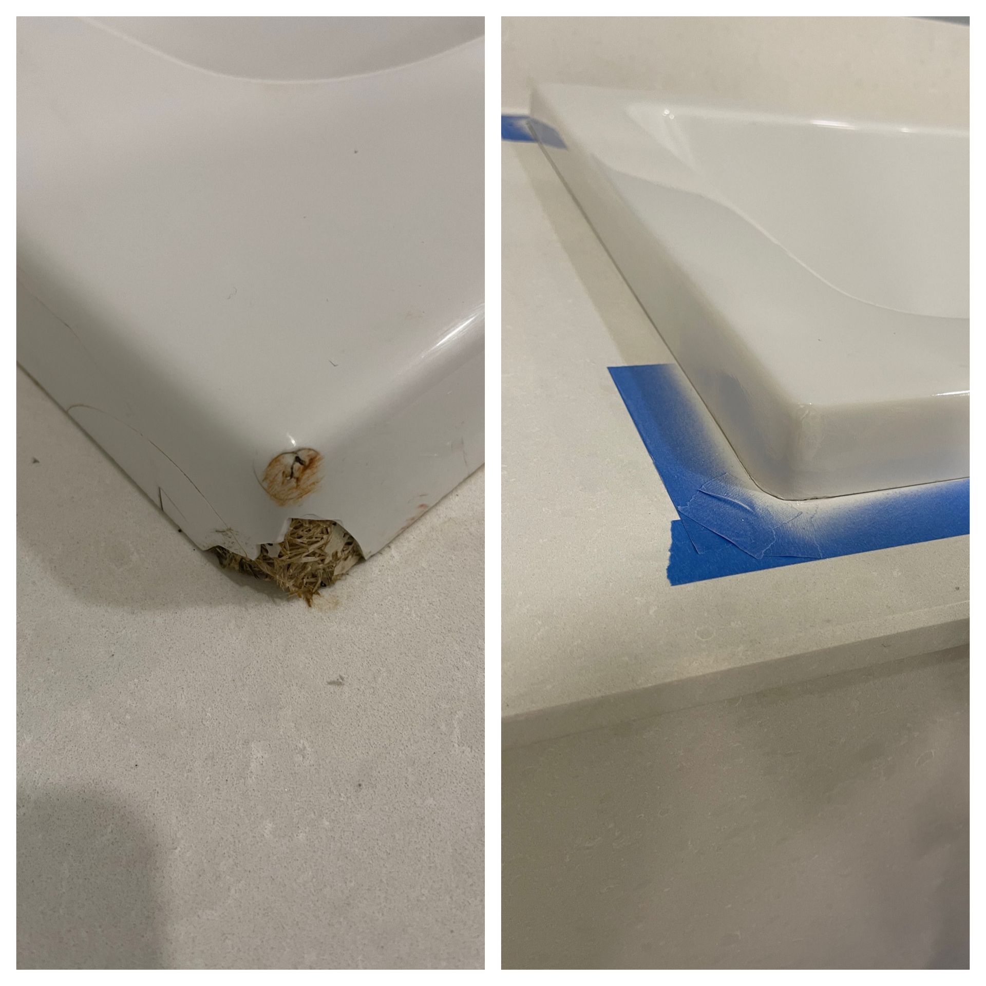 Damaged white countertop corner with chipped paint and rust, masked with blue tape for repair