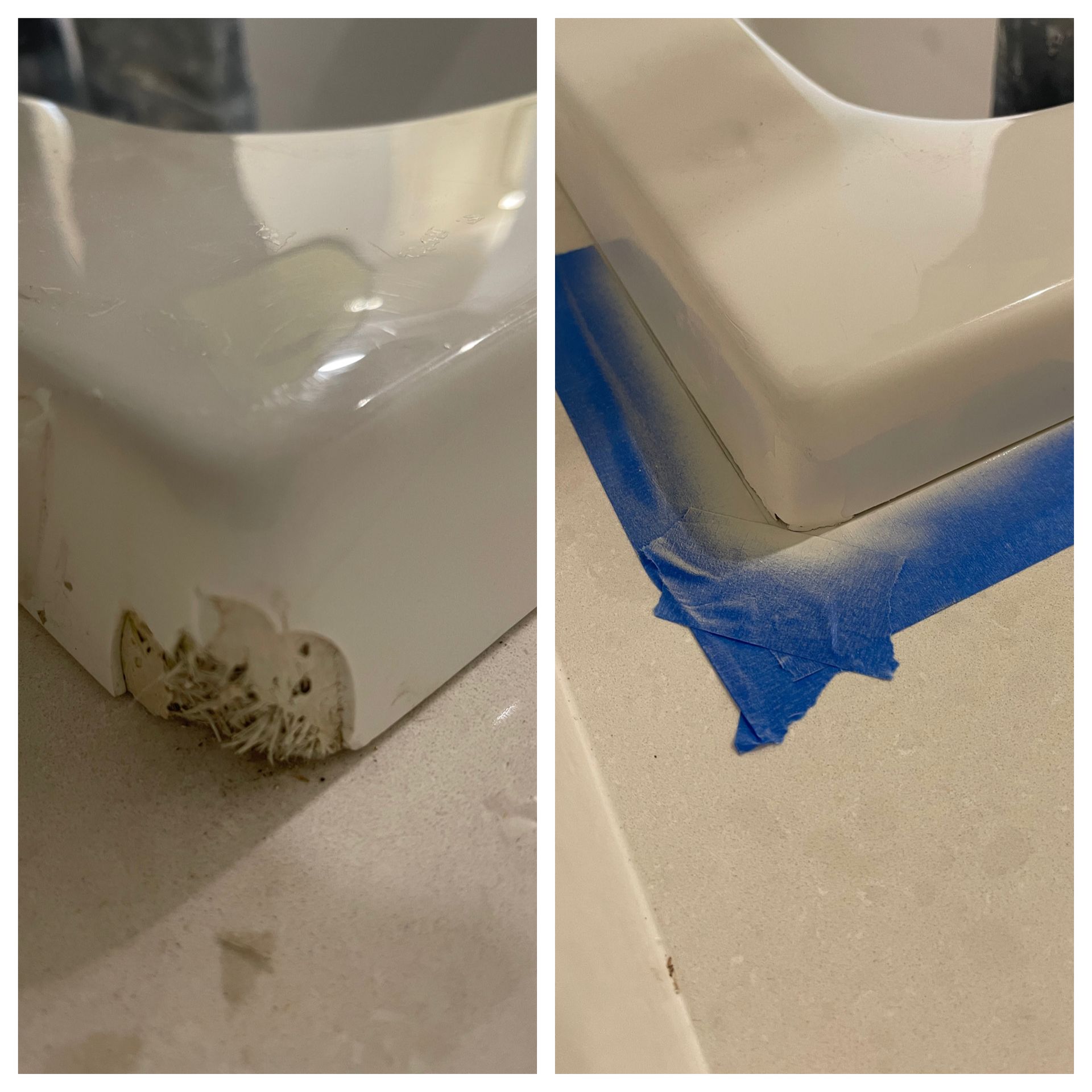 White furniture base with chipped damage at the bottom corner; adjacent corner masked with blue painter’s tape.