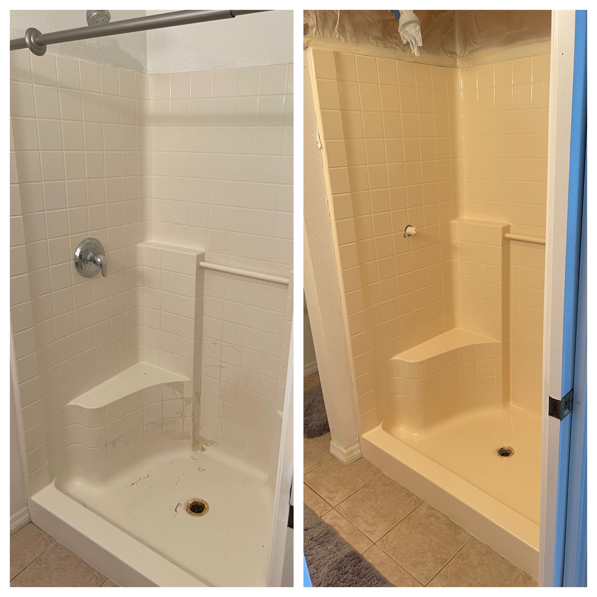 Before-and-after shower stall: white tile shower with built-in seat, grab bar, and beige grout stains.