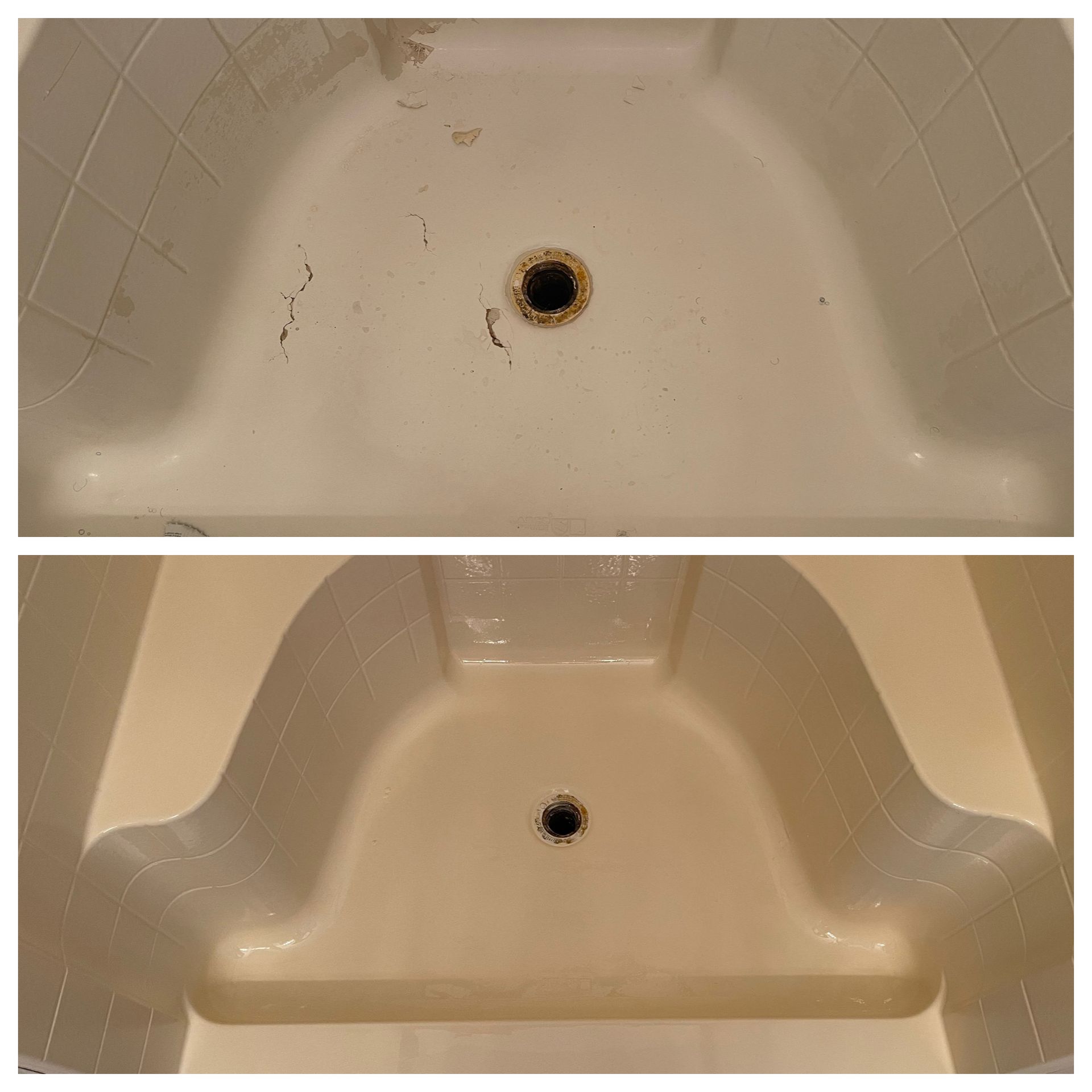 Before-and-after bathtub drain area, showing a dirty drain top and a cleaned, brighter tub basin.