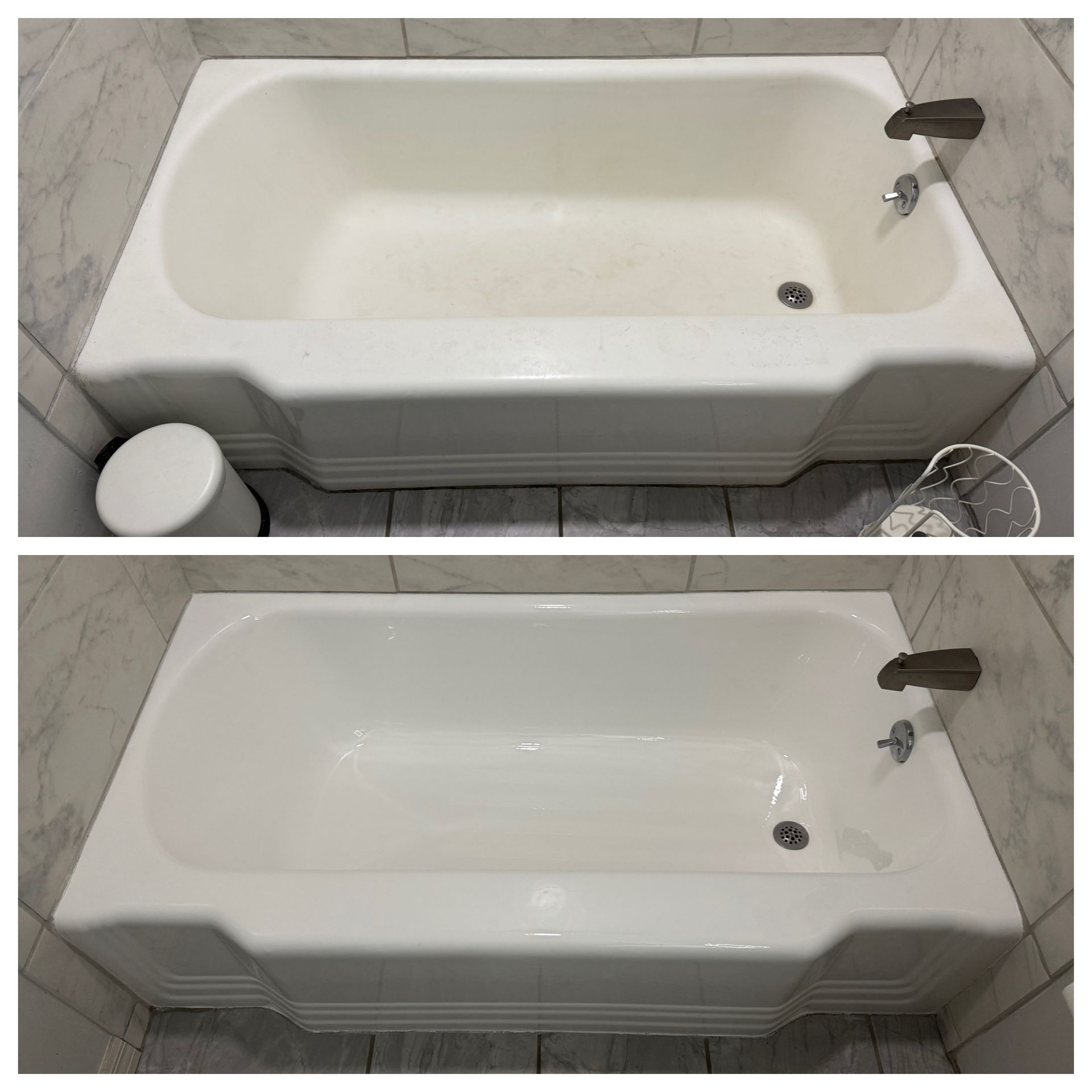 Before-and-after view of a white bathtub, with a cleaner lower panel and faucet on the right.