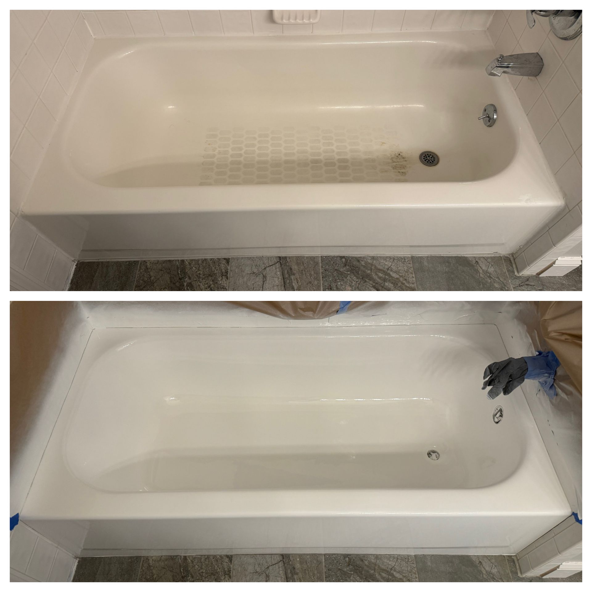 Before-and-after view of a white bathtub with a gray grab bar and drain, showing the floor before and after cleaning