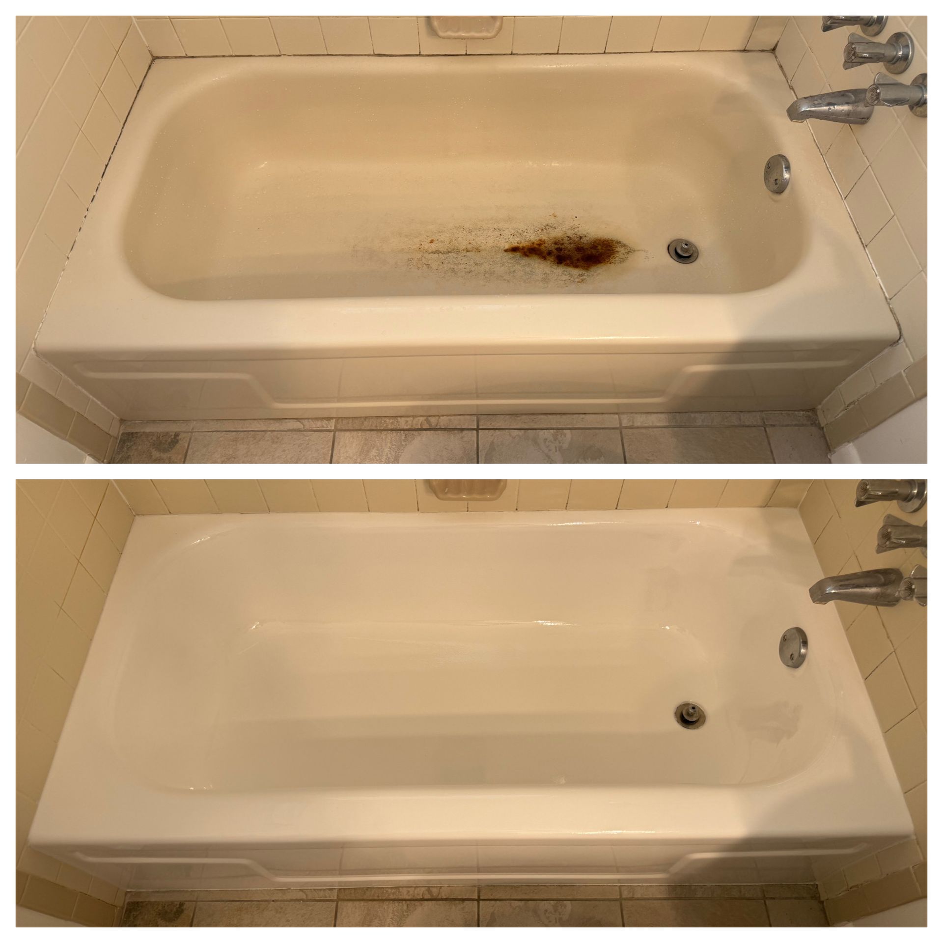Before-and-after view of a white bathtub, with a rust stain removed from the tub surface.