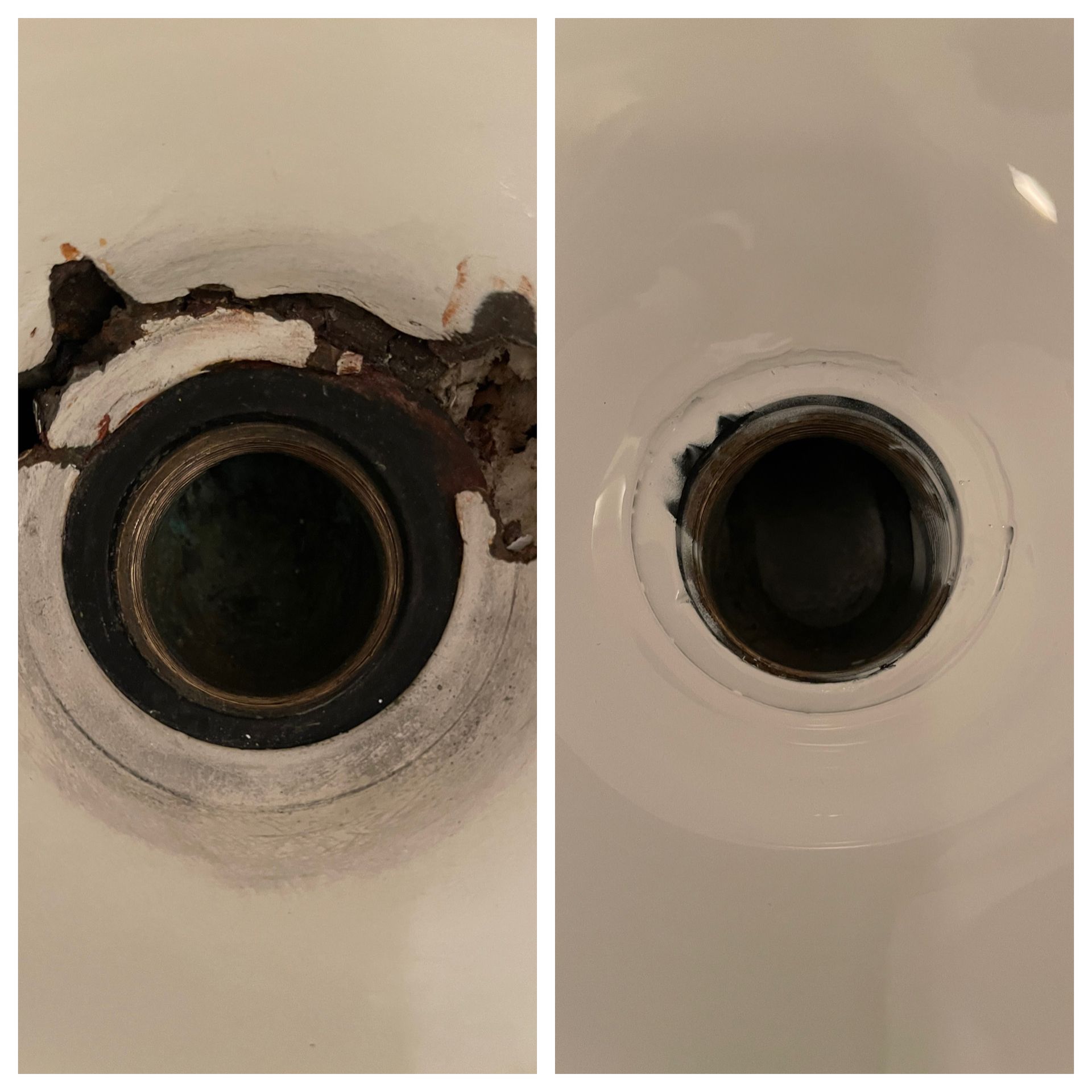 Side-by-side close-up of a corroded pipe opening and a cleaned pipe opening in a white wall.