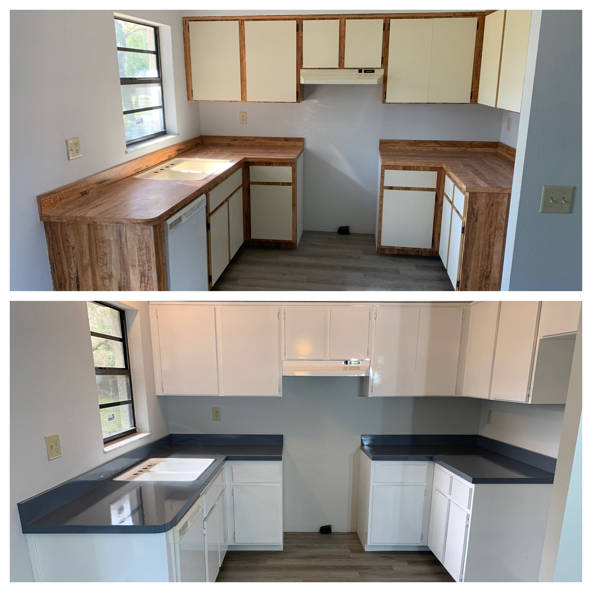 Split-view kitchen before-and-after: unfinished wood cabinets above, painted white with dark countertops below