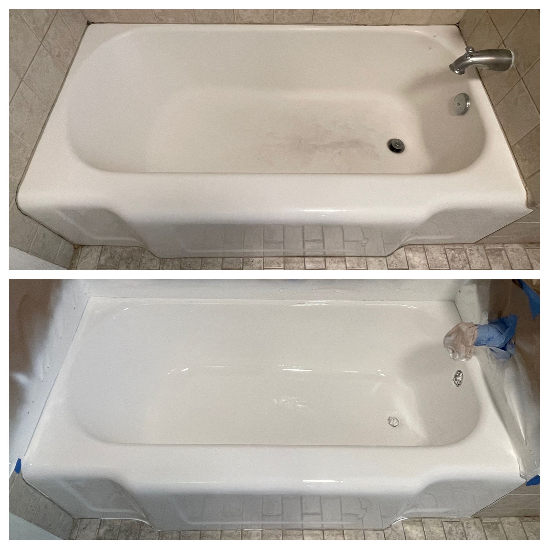 Before-and-after view of a white bathtub being cleaned, with faucet on the right and a drain near the center.