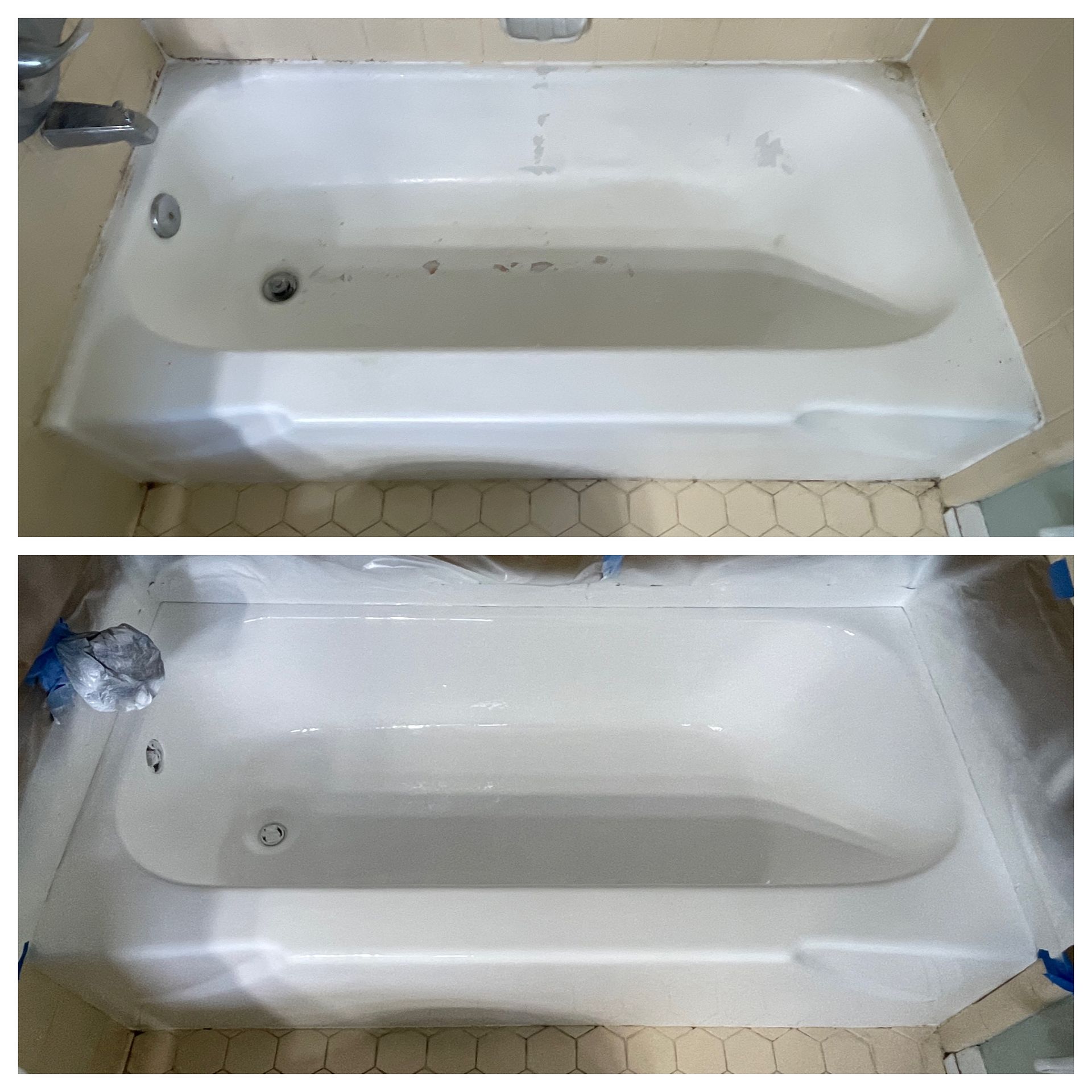 Before-and-after view of a white bathtub being refinished with protective plastic covering and tape.