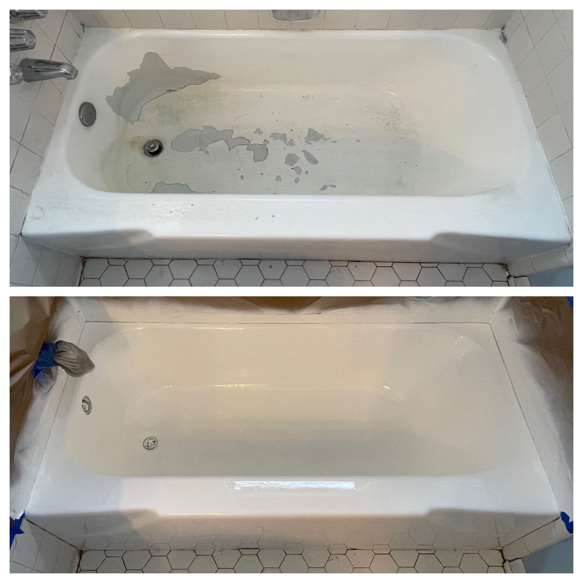 Before-and-after of a white bathtub being refinished, with gray patches in the top view and a smooth glossy finish below