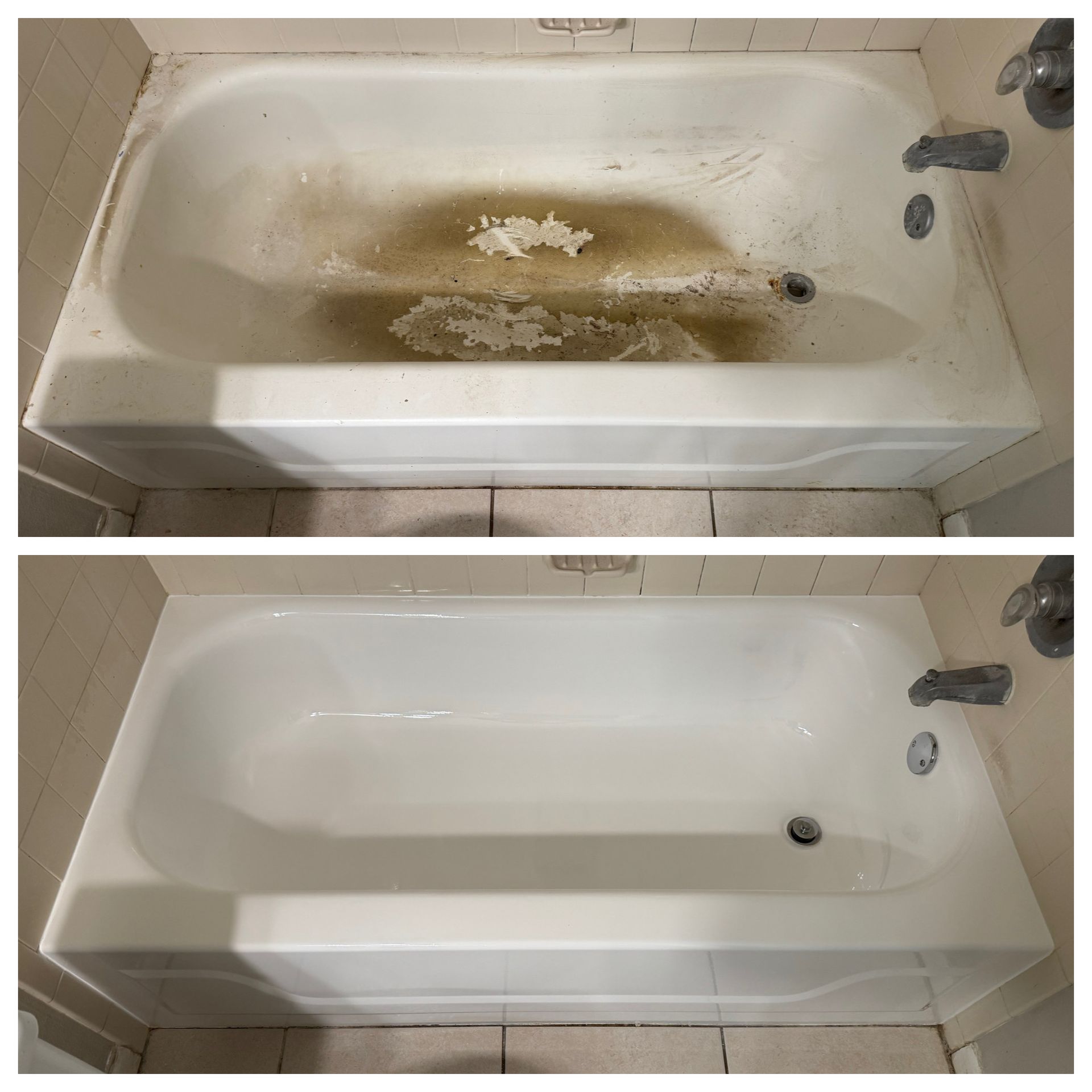 Dirty bathroom sink before and after cleaning, with stains removed and basin restored to white.