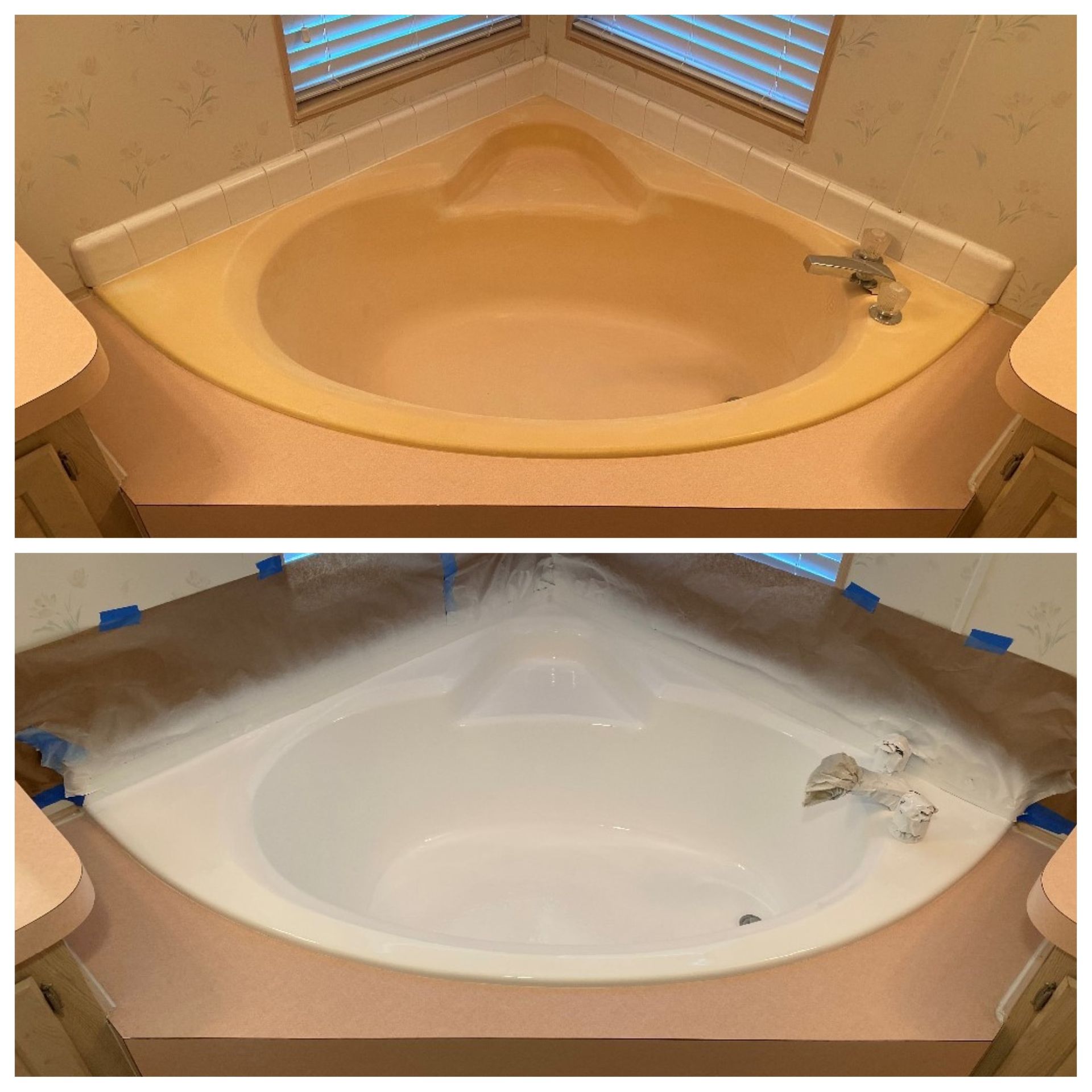 Before-and-after bathroom tub refinishing: beige tub turned glossy white, with taped edges and masking in place.