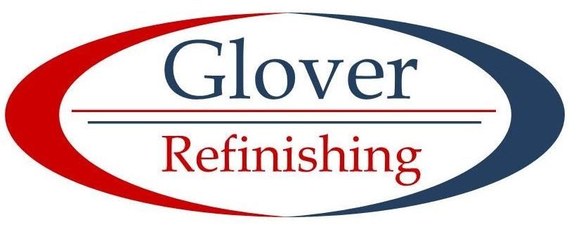 Glover Refinishing logo with blue and red text inside a red and blue oval