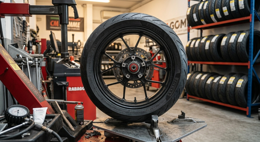 Ruota di motocicletta su un cavalletto in un'officina di pneumatici, con pneumatici impilati sullo sfondo.