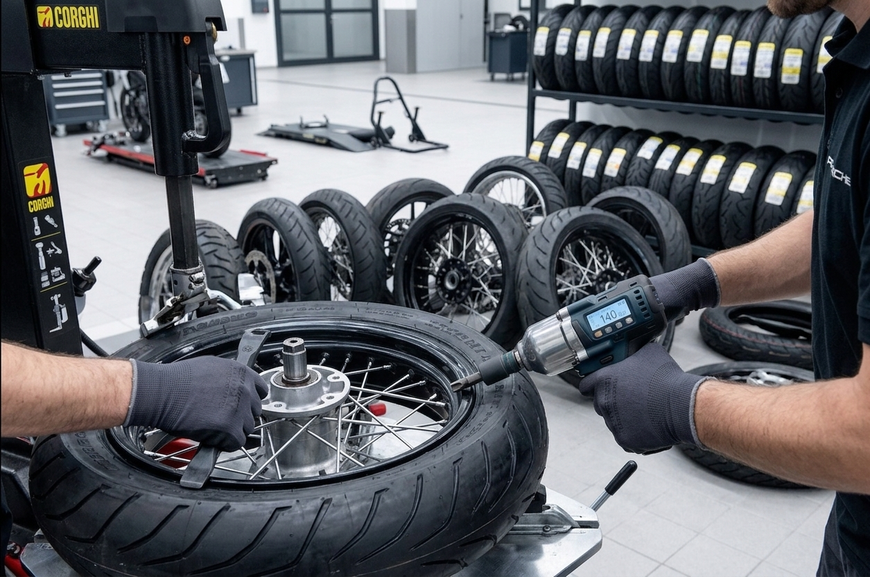 Un meccanico utilizza un trapano per lavorare su una ruota di motocicletta in un'officina di pneumatici.