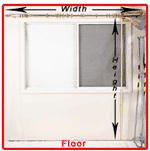 Window with measurements labeled: width (across top), height (down right), and floor. A person is visible on the right.