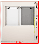 Diagram showing how to measure a window for curtains; measuring tape indicates width and height.