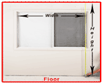 Diagram showing how to measure a window's height and width using a measuring tape. The floor and window frame are white.