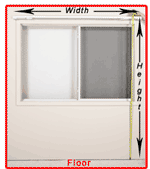 Diagram showing window measurements: Width is horizontal, Height is vertical, Floor is at the bottom, with a red border.