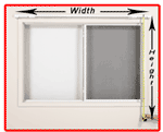 A window with dimensions marked for width and height measurements; the window has one clear pane and one gray-tinted pane.