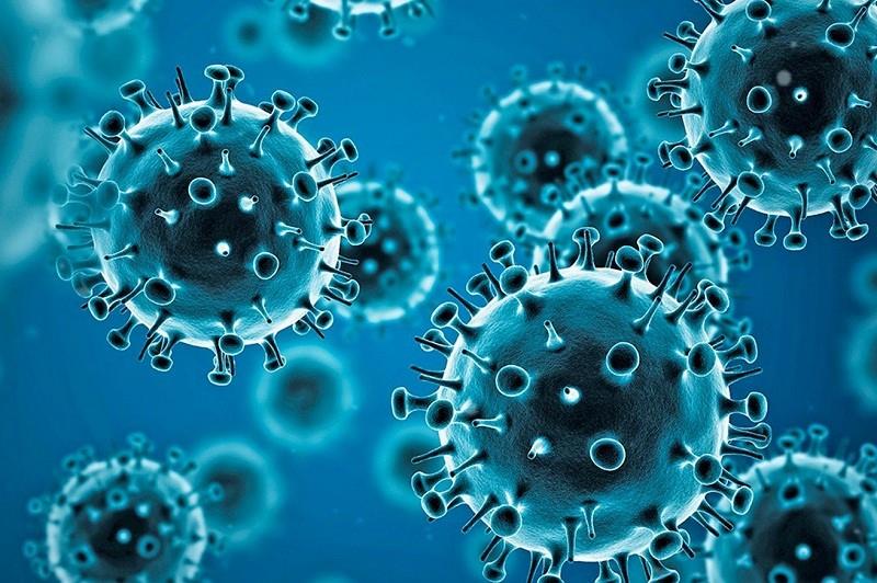 Blue illustration of multiple virus particles, spherical with spiky protrusions.