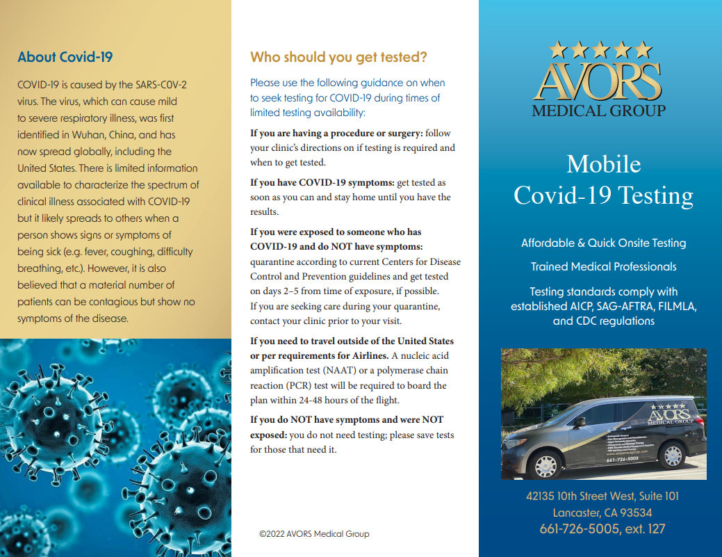 Brochure for mobile Covid-19 testing, with a van. Gold and blue text with images of the virus.
