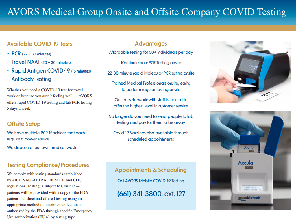 Advertisement for AVORS Medical Group's COVID testing services, including PCR and antibody tests, onsite and offsite.