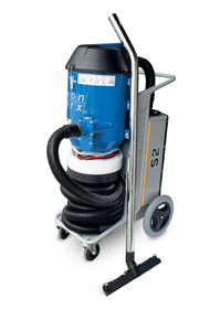 A red vacuum cleaner is sitting on a cart on a white background.