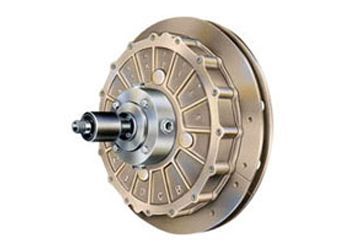 A close up of a brake disc on a white background.