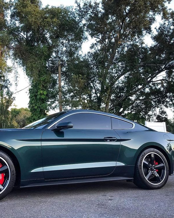 Dark green sports coupe parked outdoors with trees in the background.