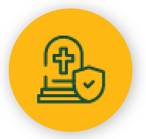 Yellow icon of a church tombstone with a cross and shield checkmark