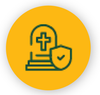 Yellow icon of a church tombstone with a cross and shield checkmark