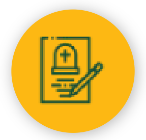 Yellow circle icon showing a green document with a medical cross and pen, suggesting a health form or record to fill out