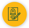 Yellow circle icon showing a green document with a medical cross and pen, suggesting a health form or record to fill out