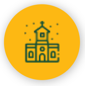 Yellow circle with green line-art school building icon and small stars above it