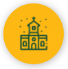 Yellow circle with green line-art school building icon and small stars above it