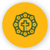 Yellow circular icon with a green cross inside a decorative ring