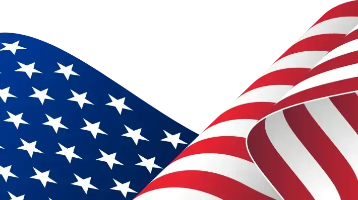 Two crossed American flags, one blue field with white stars and one red-and-white striped flag