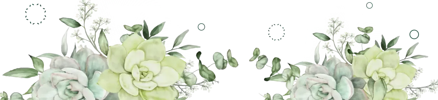 Floral border with pale green roses and white flowers along the bottom on a white background