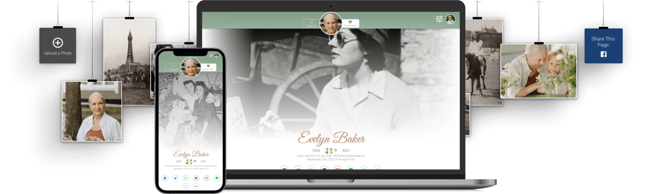 Laptop and phone showing a wedding website, with hanging photo cards on a white background